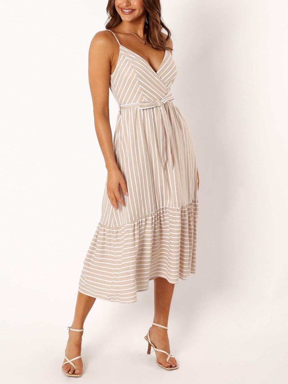 petal & pup linen beige stripe midi dress